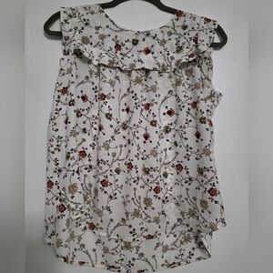 LOFT White Floral Ruffle Sleeveless Camisole with Red & Green Print